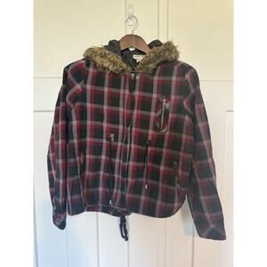 Hang Ten Vintage Flannel Plaid Jacket Fur Hood Y2K XL
